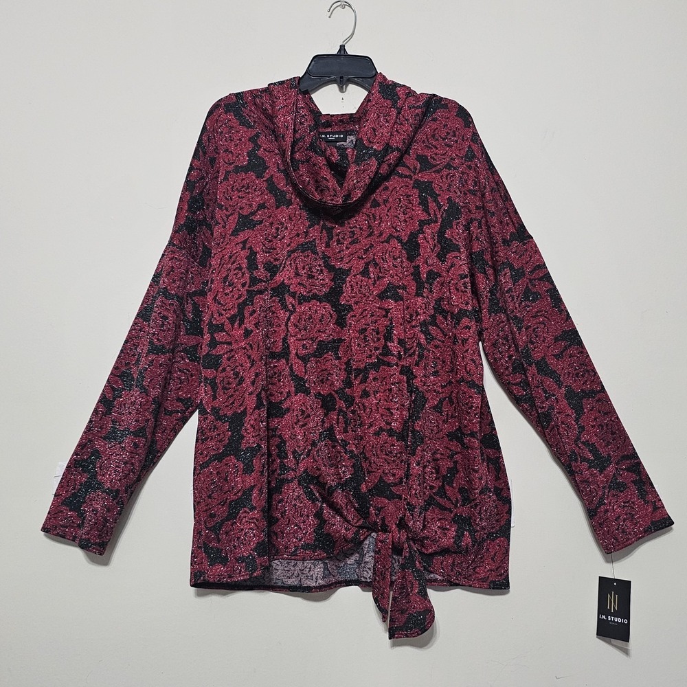 IN Studio Women Plus 3X Red Floral Long Sleeves Cowl Turtle Neck Waist-Tie 1031